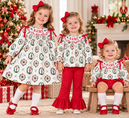 Personalized Christmas Smocked Embroidery Girls Outfit – Custom Name Nutcracker Dress, Ruffle Pants Set & Baby Bloomer Set
