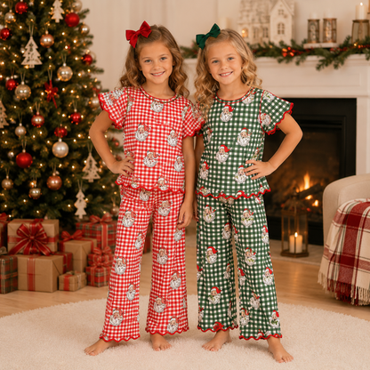 Girls Christmas Santa Gingham Scallop Pant Set – Holiday Two-Piece Outfit