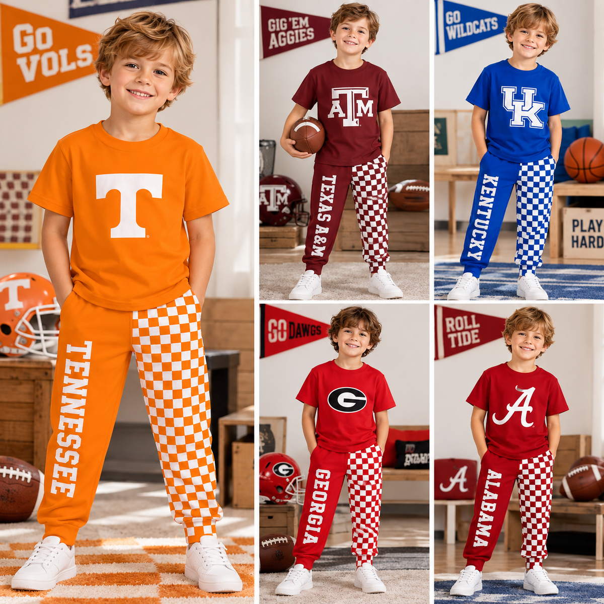 Boys Game Day Collegiate Sports T-Shirt & Checkerboard Printed Jogger Pants Set