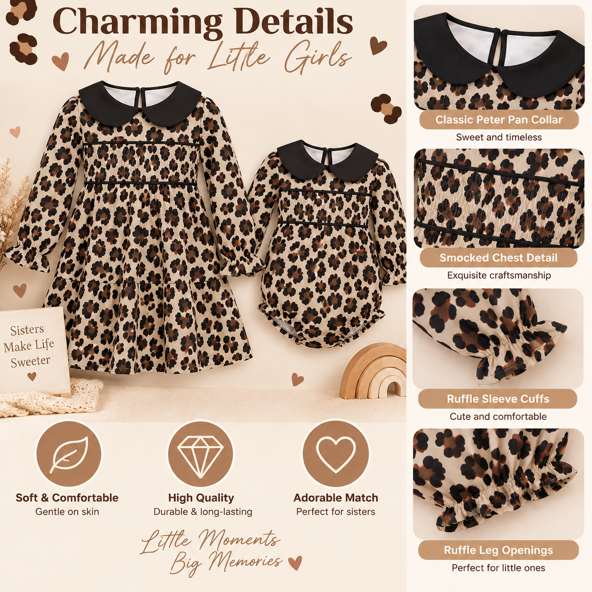 Girls Leopard Print Smocked Dress & Baby Romper – Matching Sister Outfit
