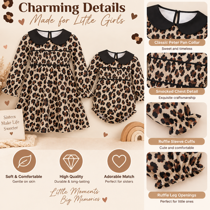 Girls Leopard Print Smocked Dress & Baby Romper – Matching Sister Outfit