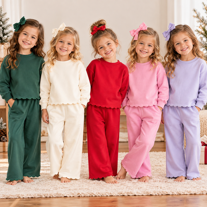 Girls Fall Winter Cotton Scallop Two-Piece Set – Long Sleeve Sweatshirt & Wide Leg Pants