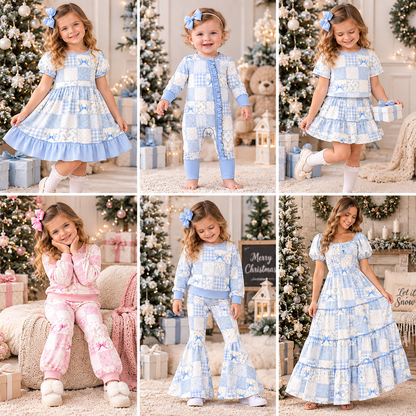 Christmas Blue & Pink Patchwork Family Matching Collection – Girls Dress, Romper, Skirt & Flare Pant Sets, Women’s Maxi Dress