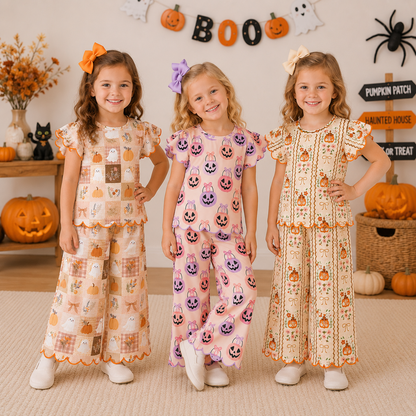 Girls Halloween Boutique Outfit | Pumpkin & Ghost Print Flutter Sleeve Top and Wide Leg Pants Set | Fall Kids Clothing
