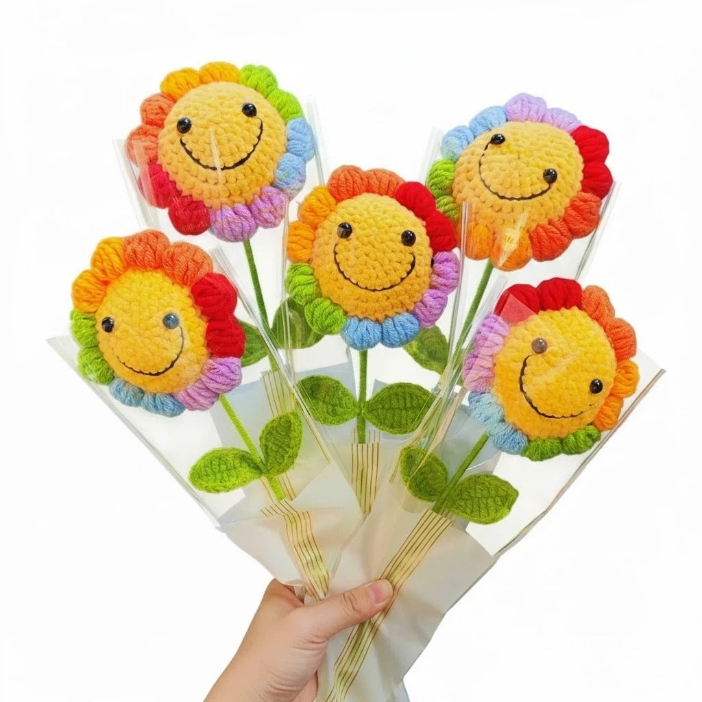 Handmade Crochet Sunflower &Smiley Face Colorful Yarn Knitted Flower Gift (Single Stem)
