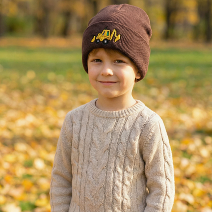 Kids Embroidered Excavator Knit Beanie – Warm, Stylish Unisex Winter Hat