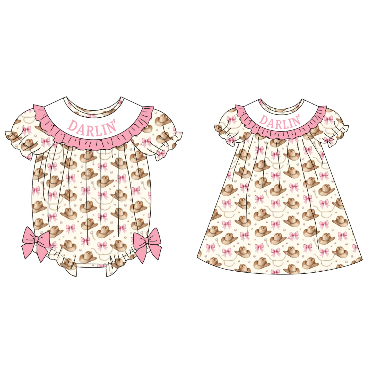 Girls DARLIN Embroidery Smock Cowboy Hat Dress & Bubble