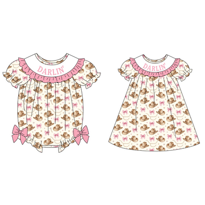 Girls DARLIN Embroidery Smock Cowboy Hat Dress & Bubble
