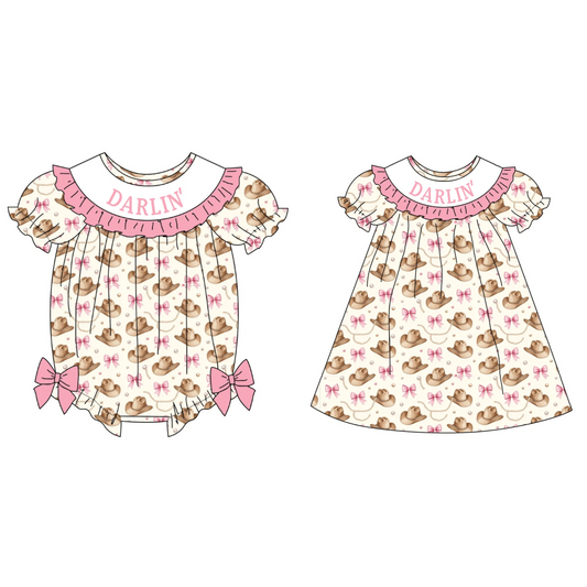 Girls DARLIN Embroidery Smock Cowboy Hat Dress & Bubble