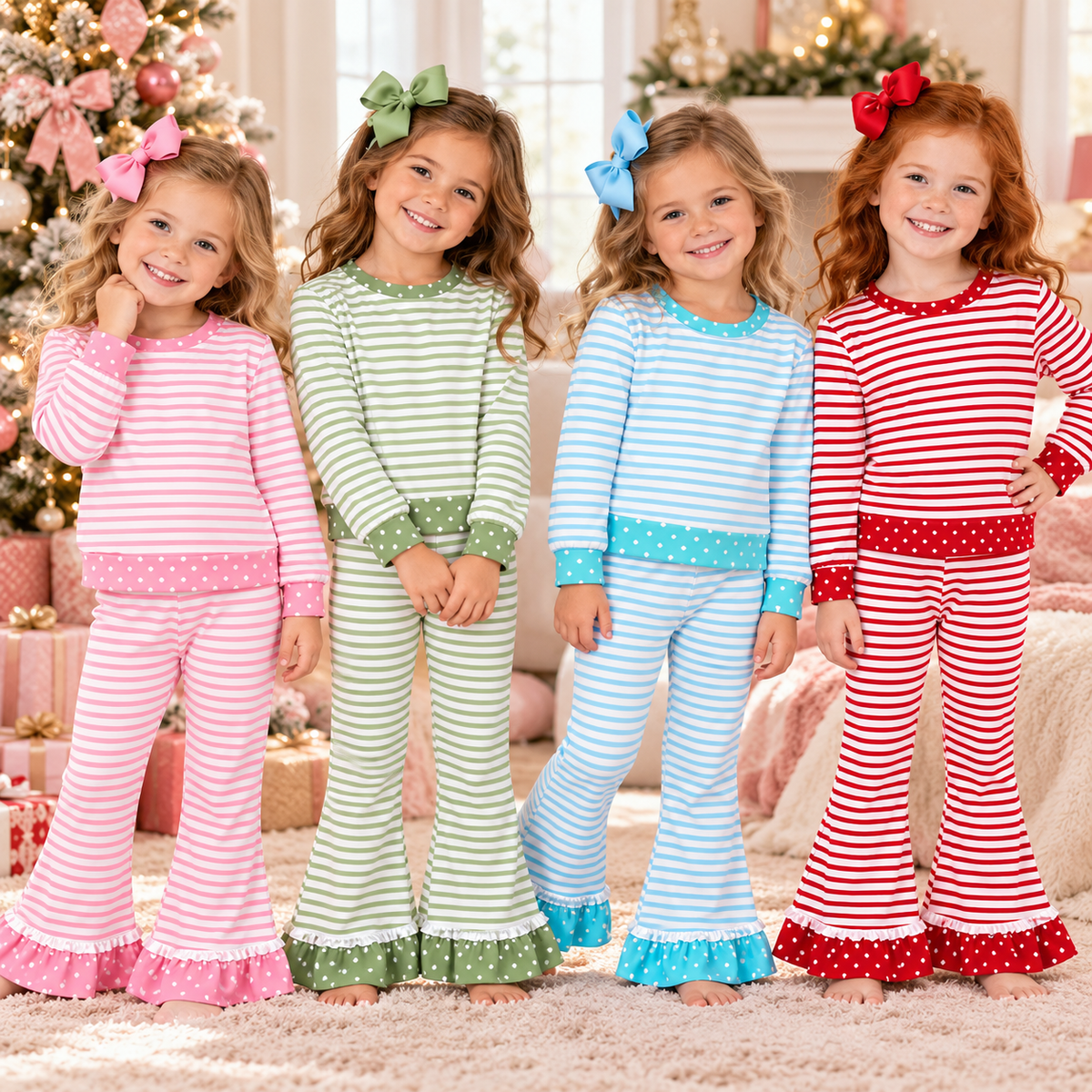 Girls Fall Winter Striped Ruffle Pants Set – Long Sleeve Polka Dot Bell Bottom Outfit