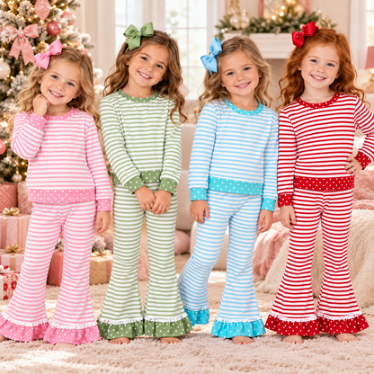 Girls Fall Winter Striped Ruffle Pants Set – Long Sleeve Polka Dot Bell Bottom Outfit