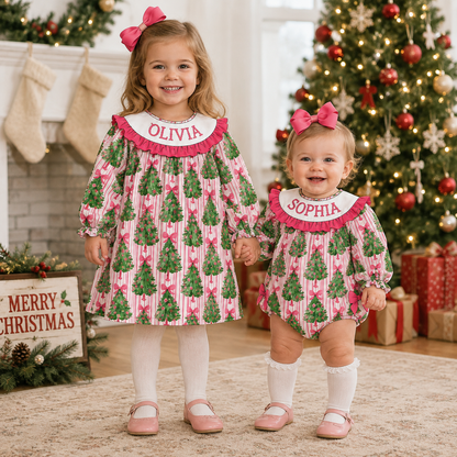 Personalized Christmas Tree Smocked Sibling Outfit – Girls Dress & Baby Romper