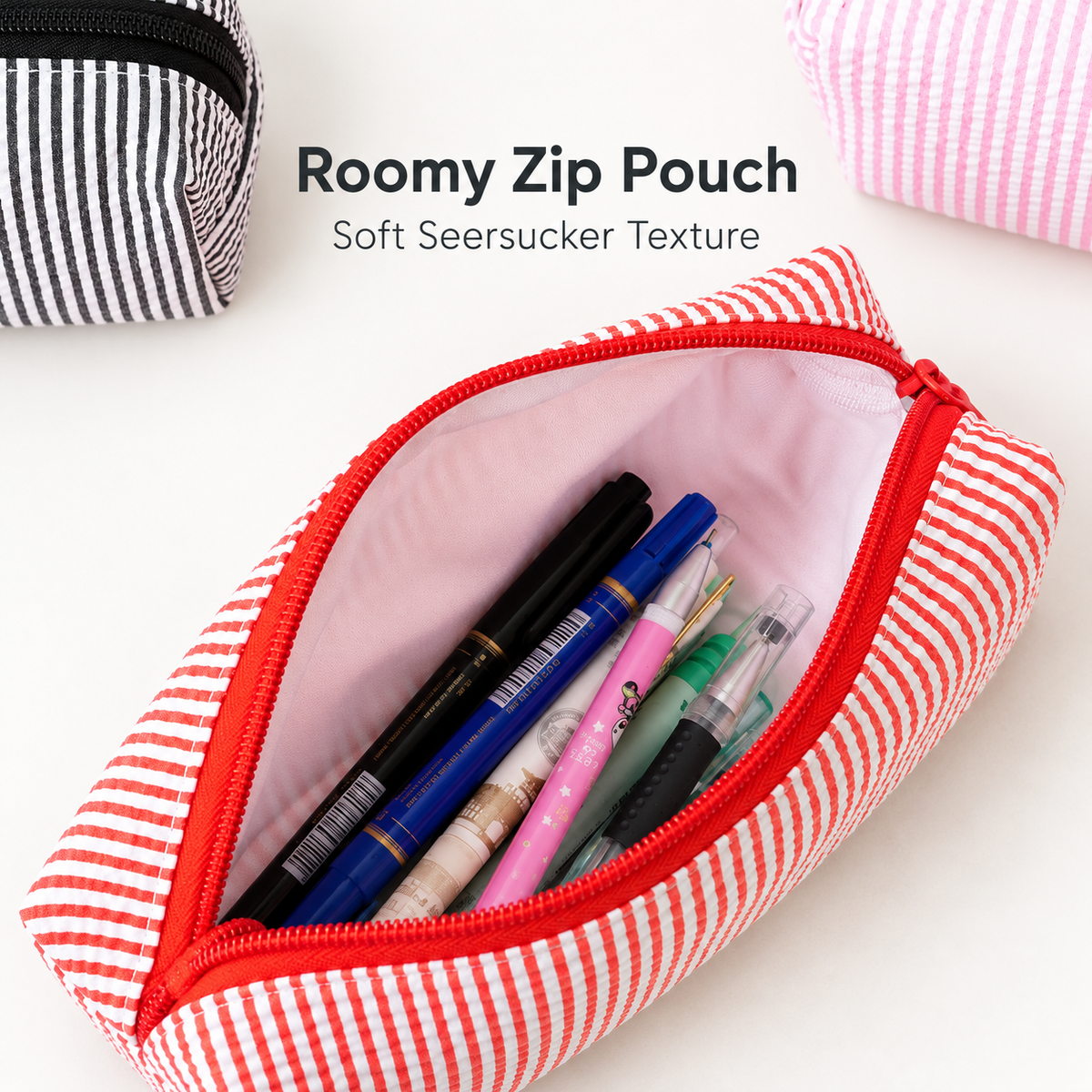 Seersucker Striped Makeup Pouch Travel Toiletry Bag Pencil Case