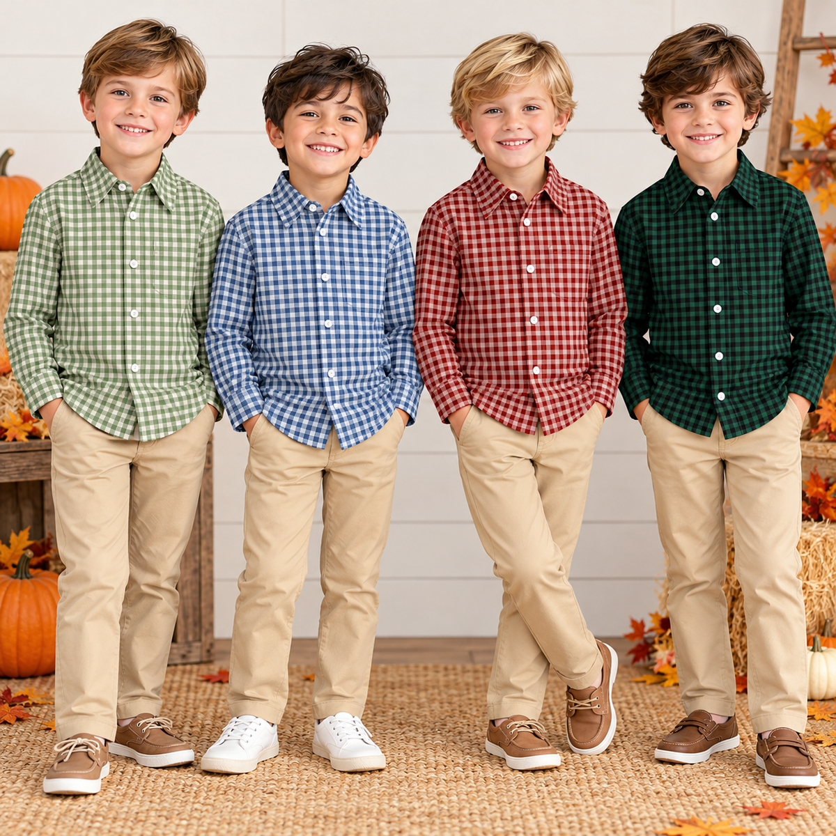 Boys Fall Winter Gingham Plaid Long Sleeve Button Down Shirt – Classic Checkered Casual Shirt for Kids