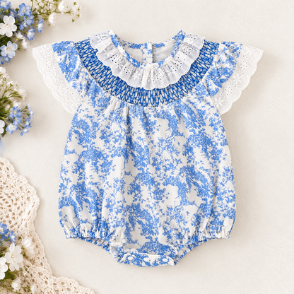 Girls Blue Floral Smocked Dress & Baby Romper – Cotton Summer Sister Matching Outfit