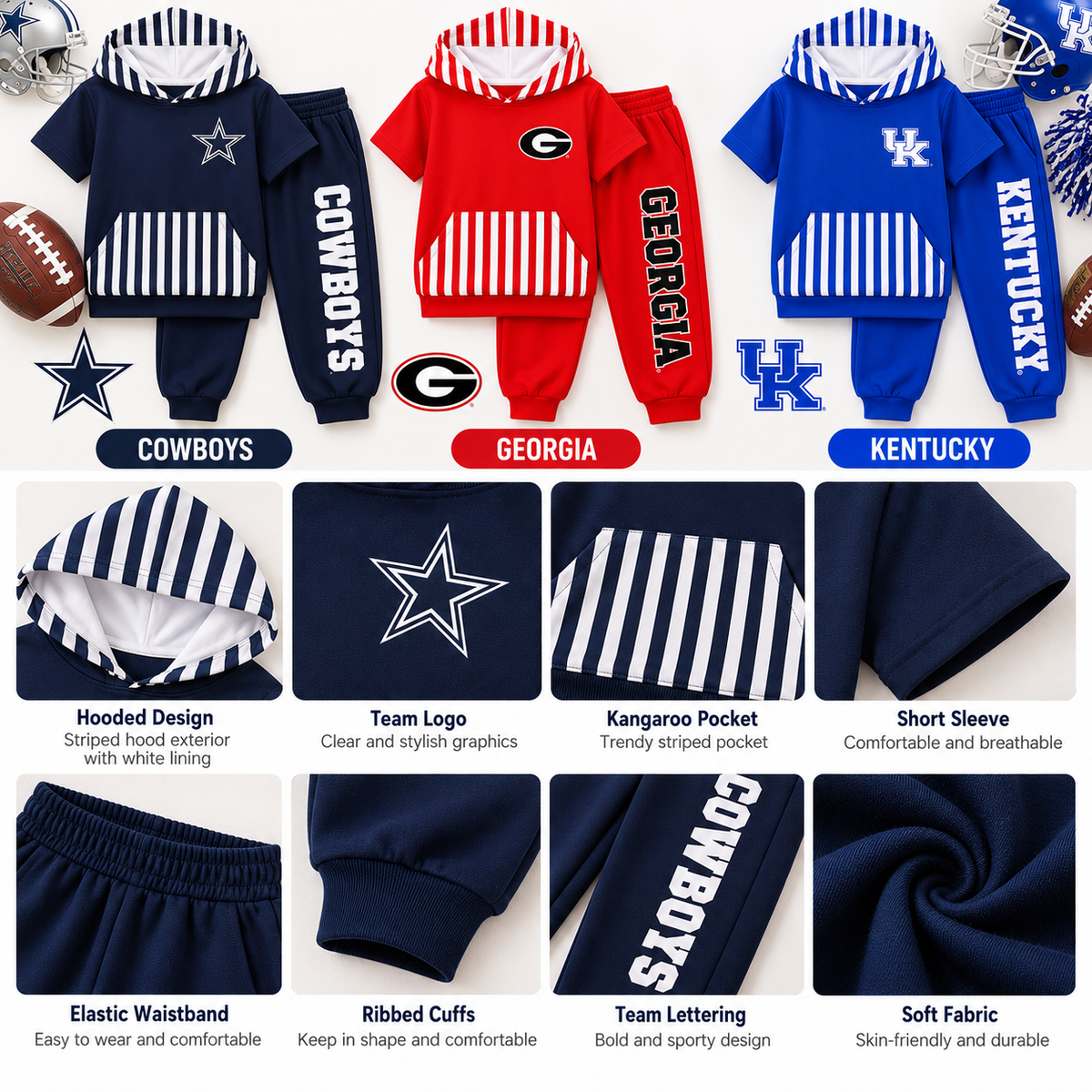 Boys Game Day Football Short Sleeve Hoodie & Jogger Pants Set – Cowboys Georgia Kentucky Team Spirit Outfit