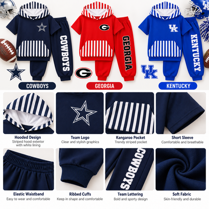 Boys Game Day Football Short Sleeve Hoodie & Jogger Pants Set – Cowboys Georgia Kentucky Team Spirit Outfit
