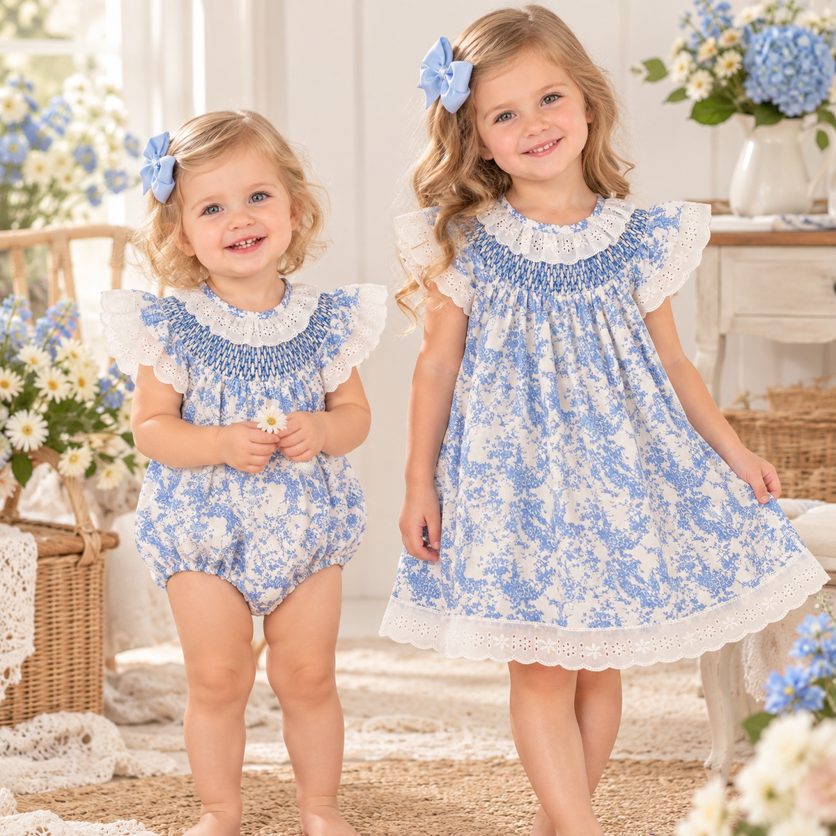 Girls Blue Floral Smocked Dress & Baby Romper – Cotton Summer Sister Matching Outfit