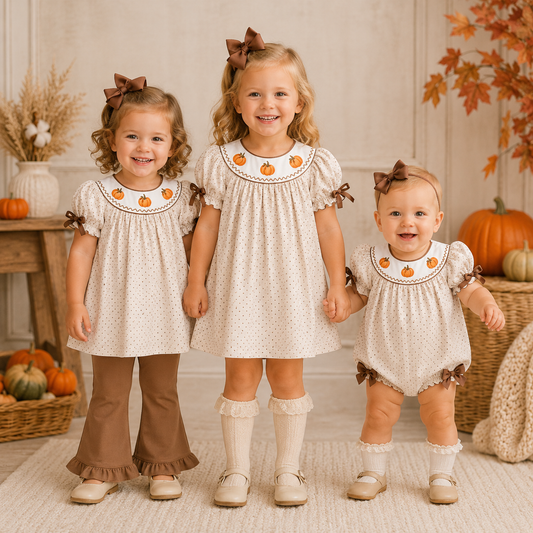Girls Fall Pumpkin Smocked Embroidery Sibling Outfits – Thanksgiving Dress, Pants Set & Baby Romper