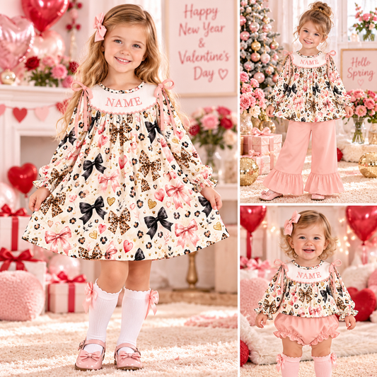 Personalized Girls Valentine's Day Bow & Leopard Print Smocked Outfits – Custom Name Embroidery Dress, Ruffle Pants Set & Baby Bloomer Set