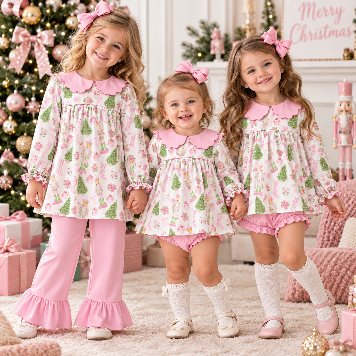 Pink Nutcracker Christmas Girls Matching Bloomer & Ruffle Pant Set