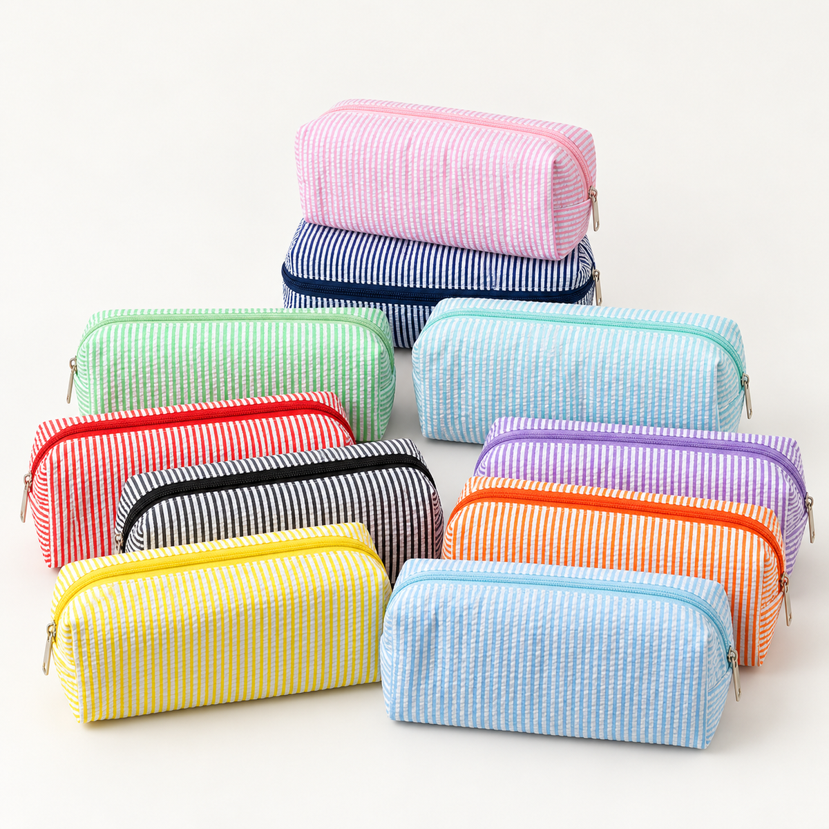 Seersucker Striped Makeup Pouch Travel Toiletry Bag Pencil Case