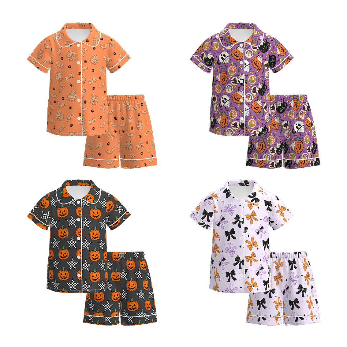 Girls Halloween Pumpkin Ghost Bow Pajamas 2 Pieces Set