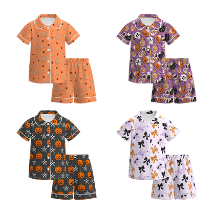 Girls Halloween Pumpkin Ghost Bow Pajamas 2 Pieces Set