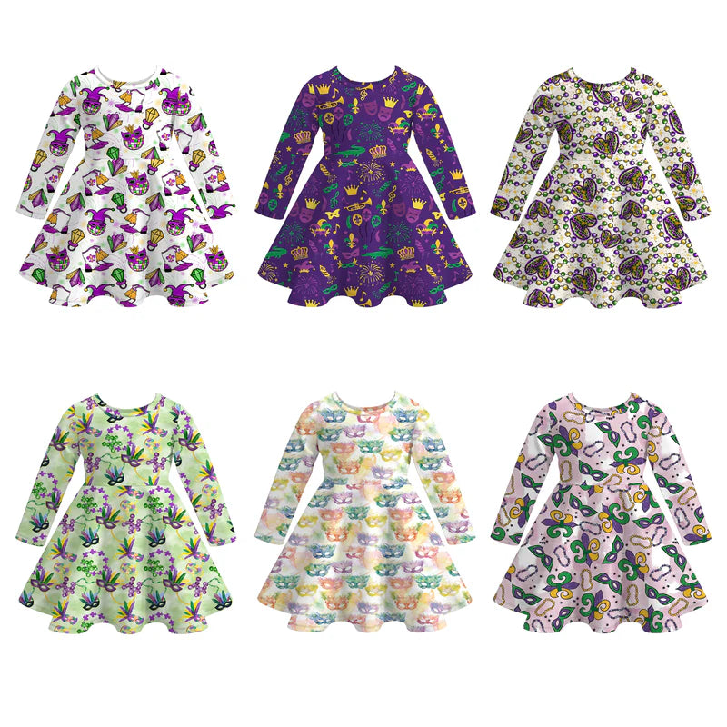 2026 Mardi Gras Print Long Sleeves Twirl Dress For Girls