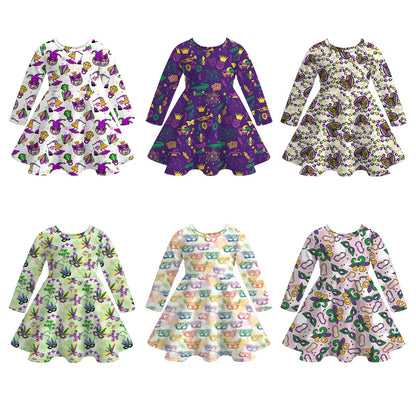2026 Mardi Gras Print Long Sleeves Twirl Dress For Girls