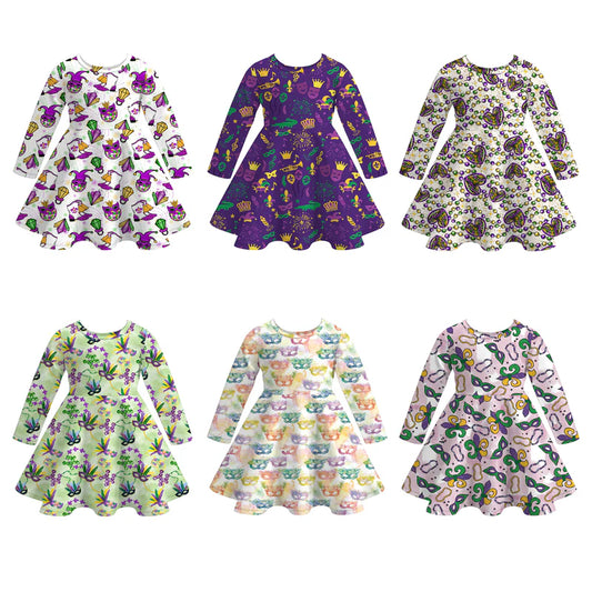 2026 Mardi Gras Print Long Sleeves Twirl Dress For Girls