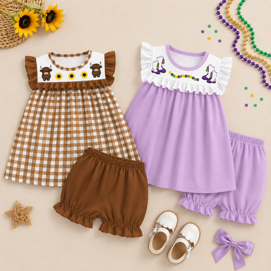Girls Fall Embroidered Ruffle Dress & Bloomer Set – Highland Cow and Mardi Gras Boutique Outfits