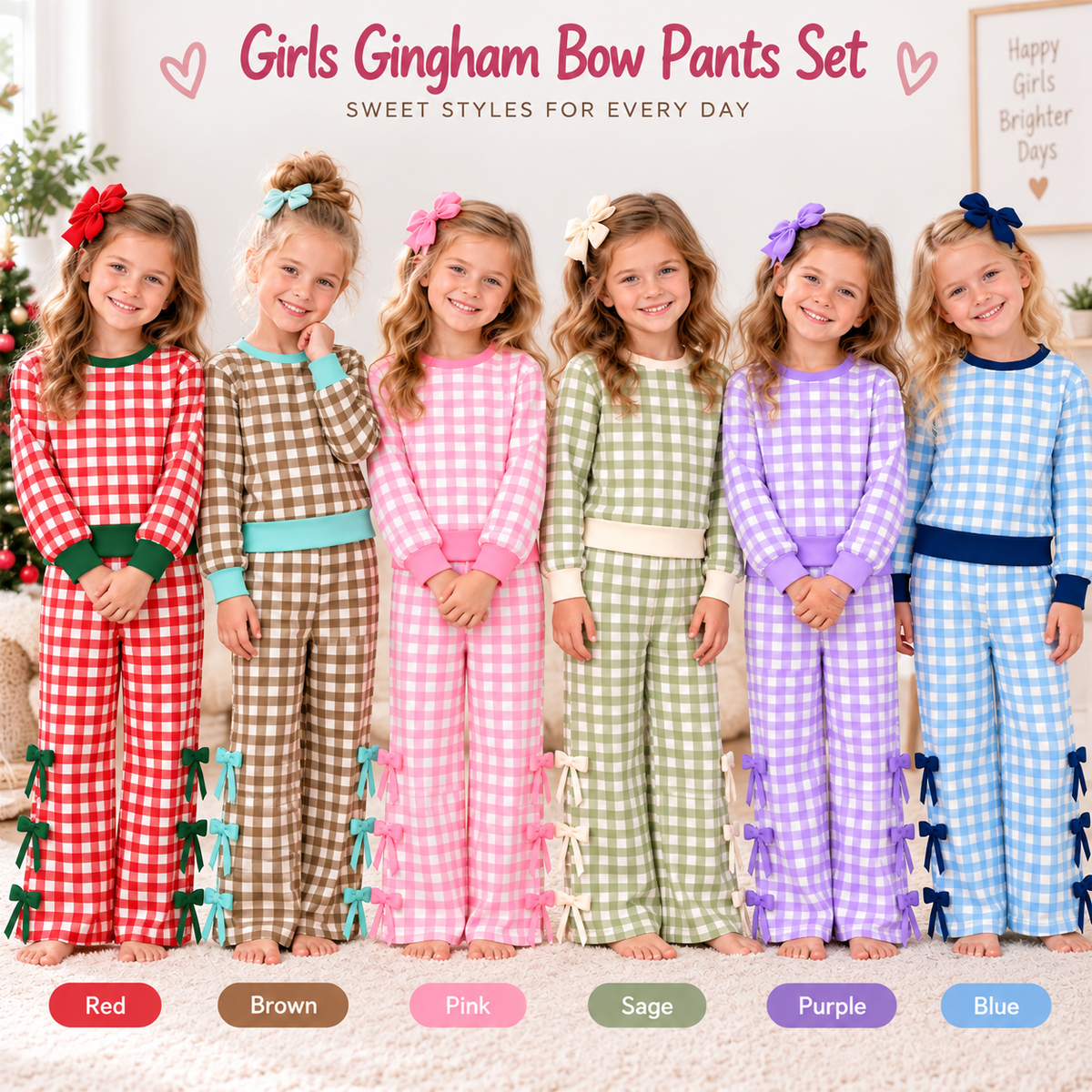 Girls Gingham Bow Wide Leg Pants Set – Long Sleeve Plaid Two Piece Outfit
