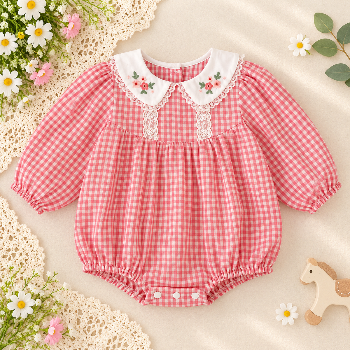 Girls Red Gingham Embroidered Dress & Baby Romper – Spring Cotton Sister Matching Outfit