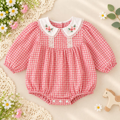 Girls Red Gingham Embroidered Dress & Baby Romper – Spring Cotton Sister Matching Outfit