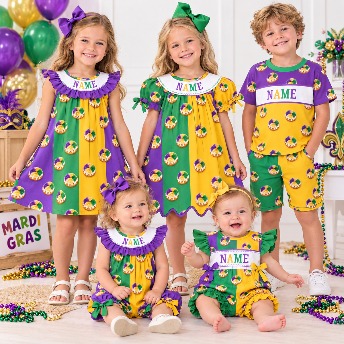 Personalized Mardi Gras Smocked Embroidery Sibling Outfits – Girls Dresses, Baby Rompers & Boys Set