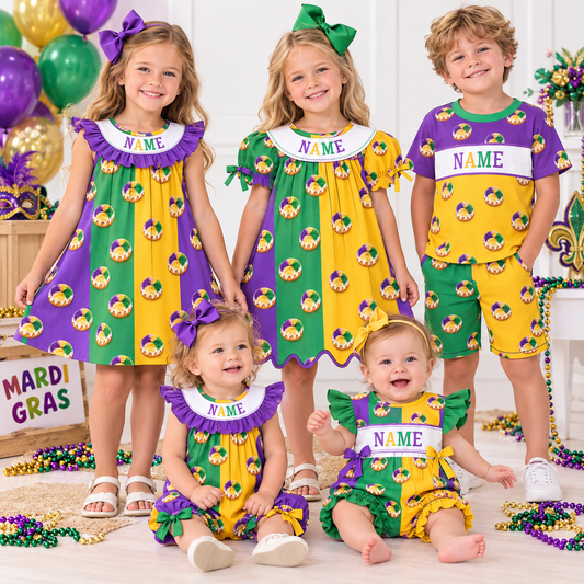 Personalized Mardi Gras Smocked Embroidery Sibling Outfits – Girls Dresses, Baby Rompers & Boys Set