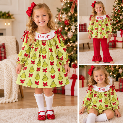 Girls Christmas Personalized Smocked Outfit – Custom Name Embroidery Grinch-Inspired Holiday Dress, Ruffle Pants Set & Baby Romper