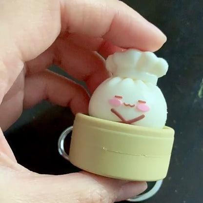 Simulation Steamed Bun Squishy Keychain Steamer Basket Emoji Bao Press Toy Pendant