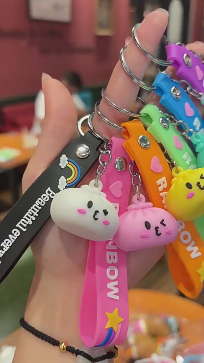 Cute Kawaii Dumpling Silicone Keychain with Rainbow Wrist Strap