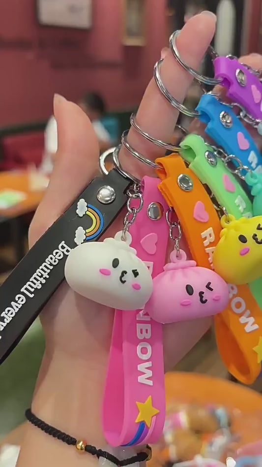 Cute Kawaii Dumpling Silicone Keychain with Rainbow Wrist Strap