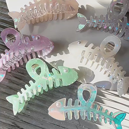 Iridescent Fishbone Hair Claw Clip – Acetate-Look Fish Skeleton Clip with Faux Pearl Eye