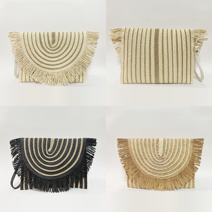 Woven Straw Clutch Bag with Fringe Envelope Handbag